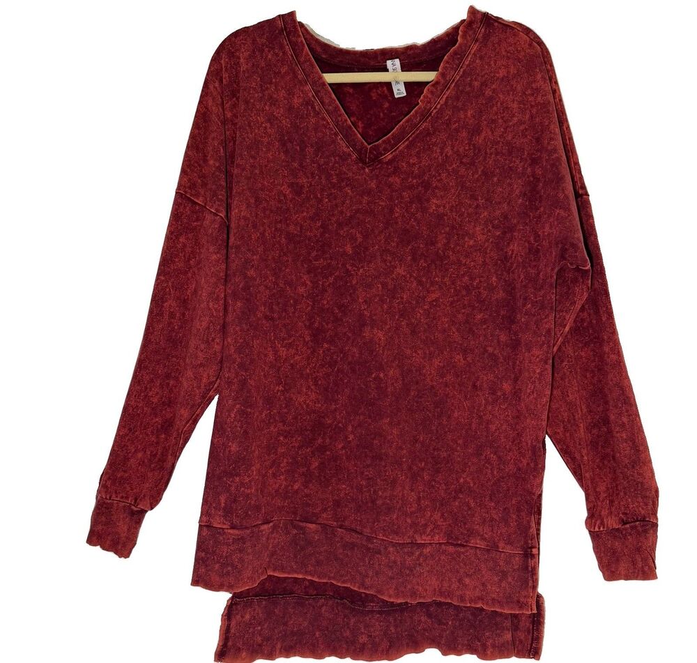 Zenana Signature XL Burgundy Mineral Wash Oversized V Neck High Low Sweatshir